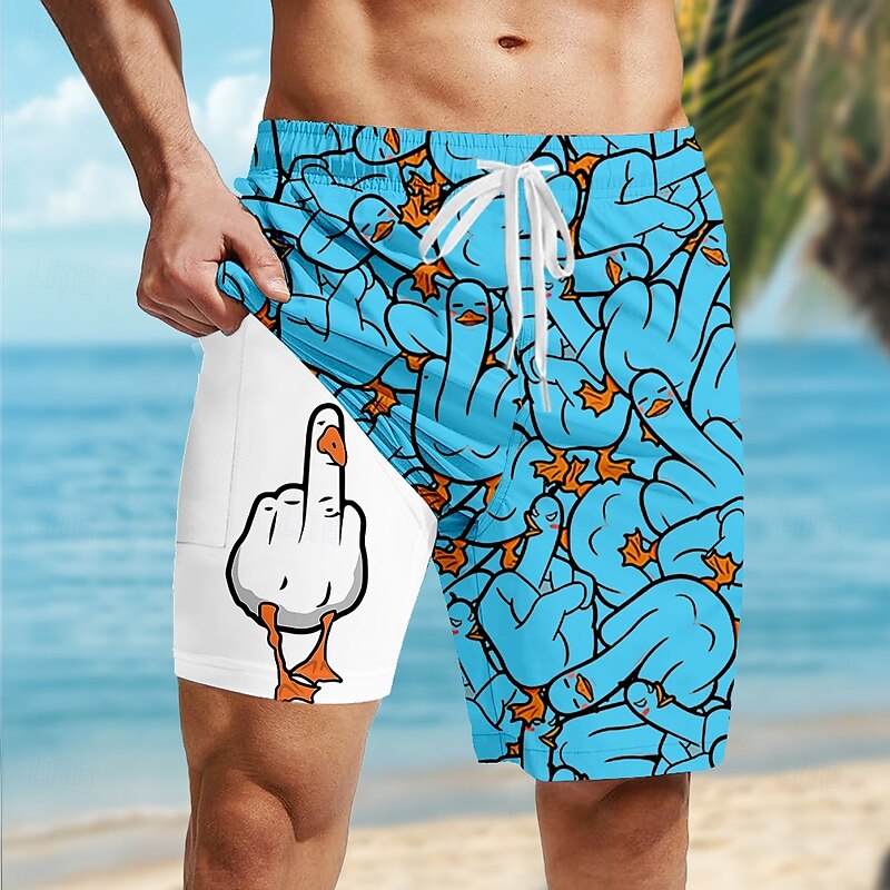Men's Animal Funny Duck Lined Shorts 2 in 1 Board Shorts Swim Shorts Mid Waist Hawaiian Vacation Holiday Side Pockets With Compression Liner Elastic Drawstring Waist Designer Clothing Apparel