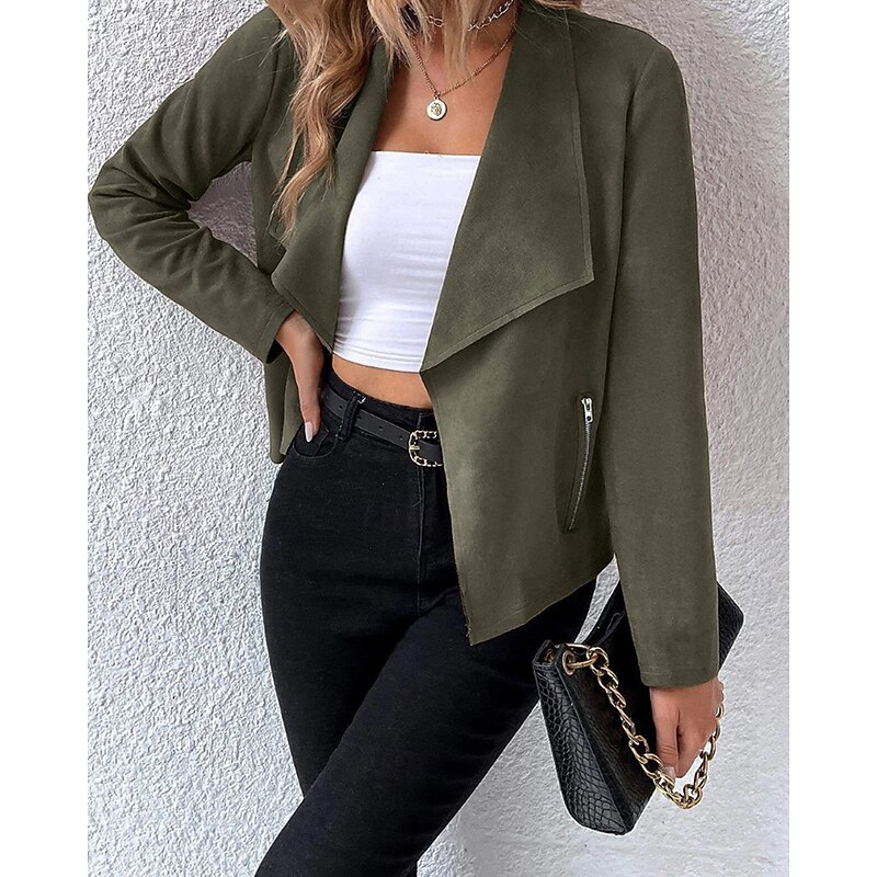 Women's Casual Jacket Comfortable Zipper Fashion Outdoor Plain Going out Weekend Open Front Regular Turndown Regular Fit Long Sleeve Outerwear Black Brown Army Green Fall Winter3