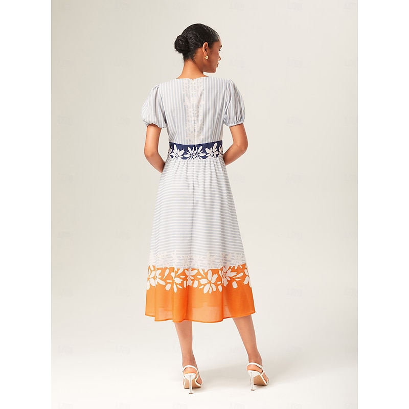 Linen-Like Striped Color Block A-Line Midi Dress2