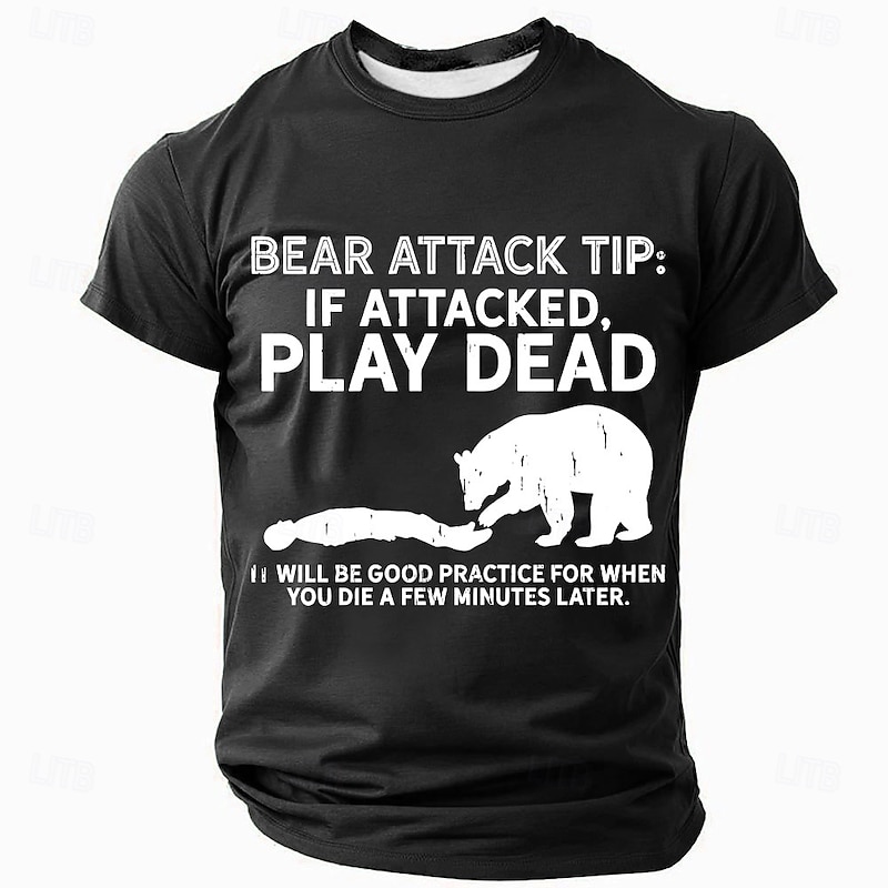 Men's Funny Bear Attack Graphic Short Sleeve T-Shirt - Play Dead Dark Humor Tee3