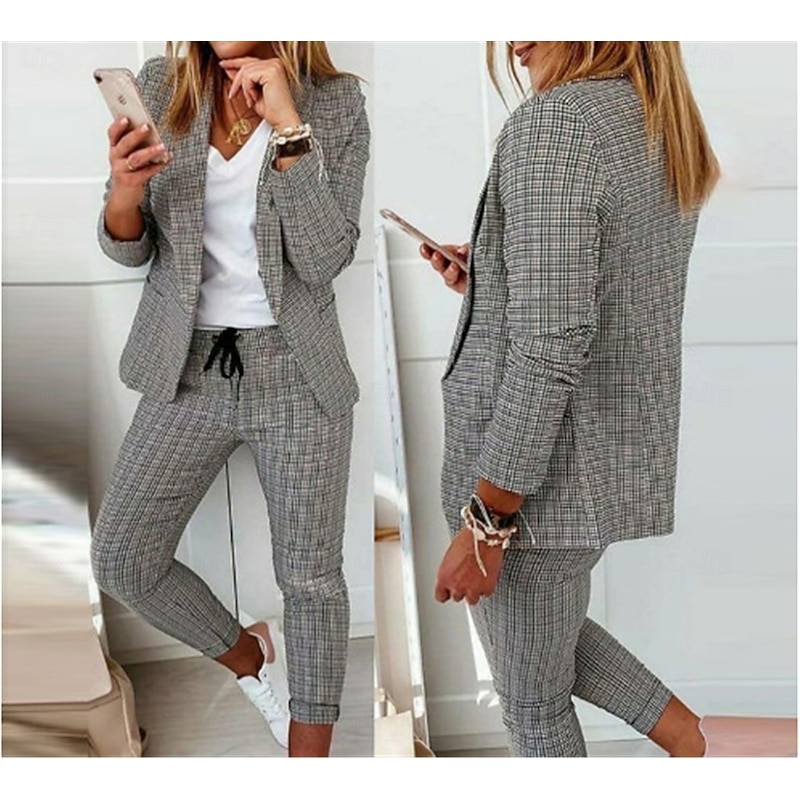 Women's Fashion Streetwear Daily Blazer Suits Long Sleeve Shirt Collar Plaid Print Office Work Black Pink Khaki Spring Regular Fit