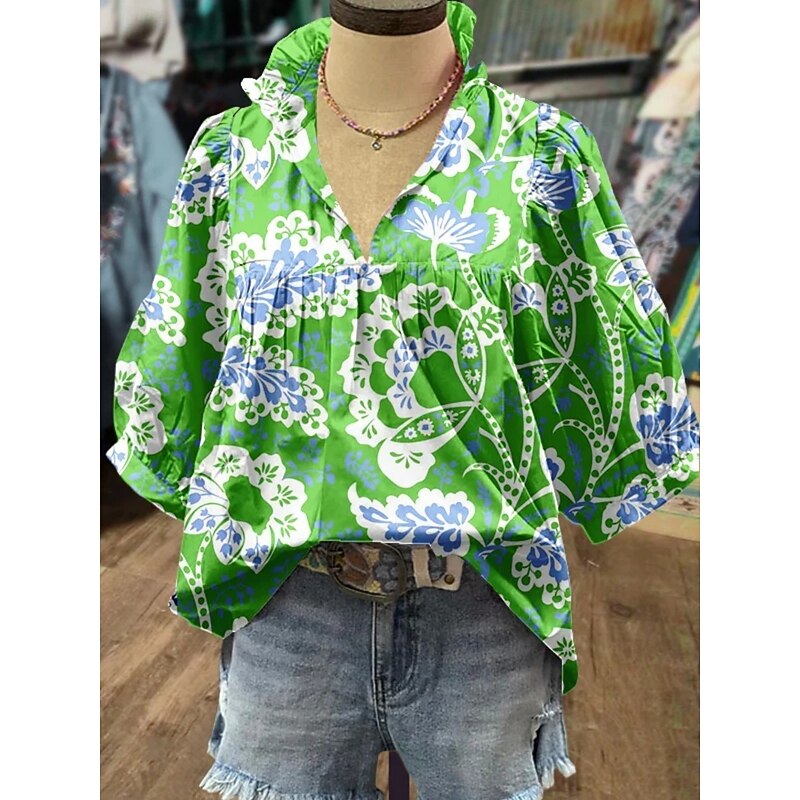 Women's Shirt Floral Paisley Stylish Modern Half Sleeve V Neck Regular Tops Daily Holiday Print Grass Green Red Royal Blue Blue Green Summer