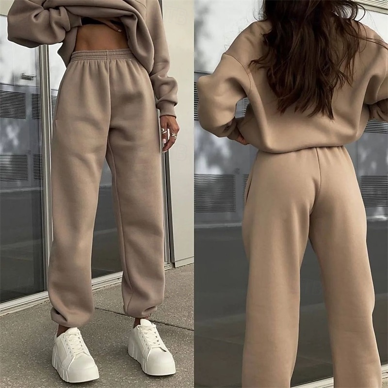 Women's Tracksuit Sweatpants Pullover Sweatshirt Zipper Pocket Solid Colored Clothing Suit Fall Dark Khaki Black Gym Workout Sports Windproof Long Sleeve Sport Activewear Micro-elastic Regular Fit2