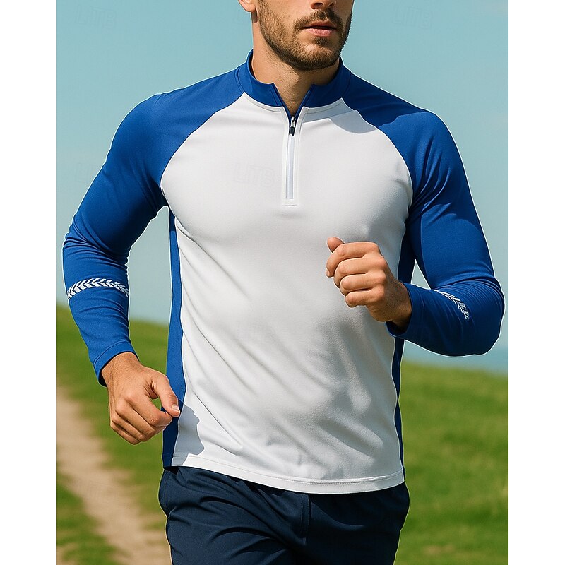 Men's Golf Polo Shirt Running Shirt Tennis Shirt Quarter Zip Long Sleeve Tee Tshirt Color Block Quick Dry Lightweight Elastic Breathable Tennis Golf Running Sportswear Activewear Black Blue Gray3