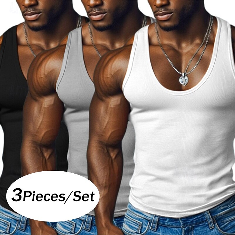 3 PACK Men's Tank Top Undershirt Sleeveless Shirt Wife Beater Shirt Sleeveless Round Neck Deep U Scoop Neck Summer Solid Color Pit Strip Fashion Designer Sporty Ribbed Plain Outdoor Casual Tank Tops
