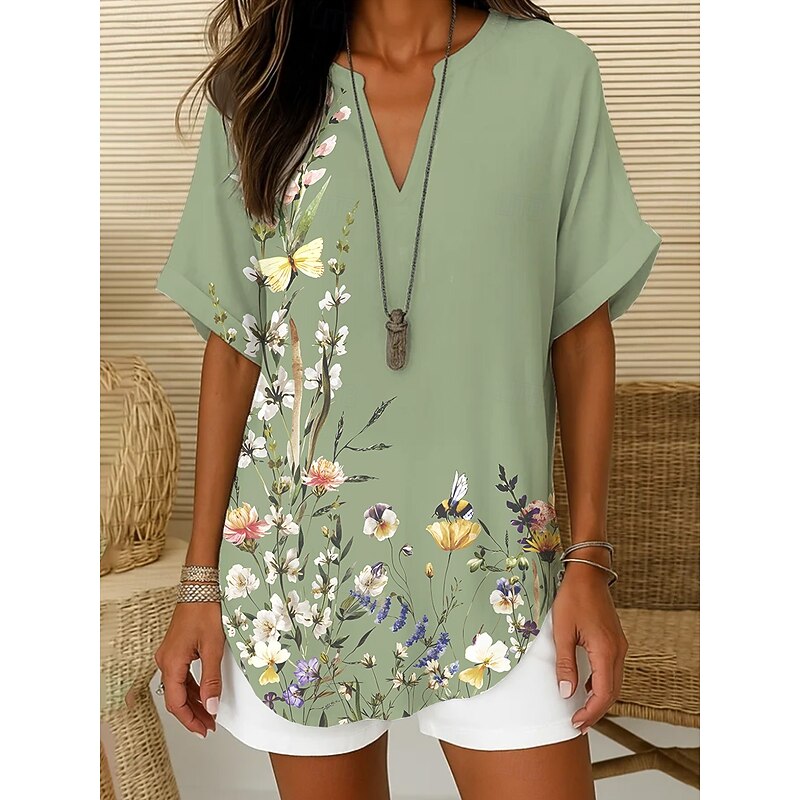 Women's Boho Shirt Floral Graphic Elegant Bohemia Tropical Short Sleeve Regular Tops Daily Holiday Beach Wear Blue Purple Green Summer Spring
