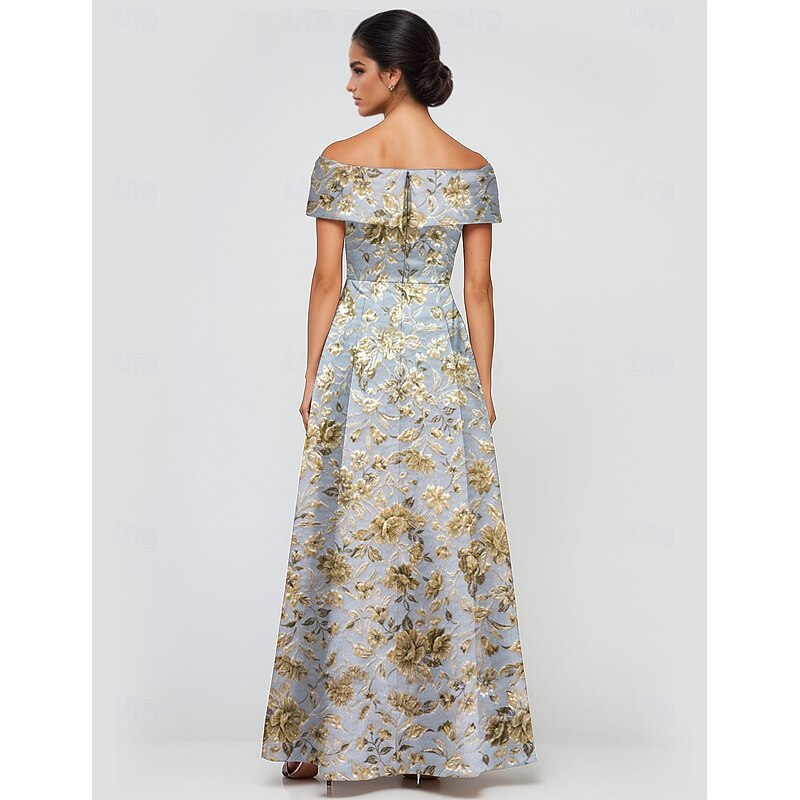 Jacquard Brocade Floral A-Line Evening Gown Elegant Dress Formal Wedding Floor Length Short Sleeve Off Shoulder Pocket Nylon with Slit Pocket2