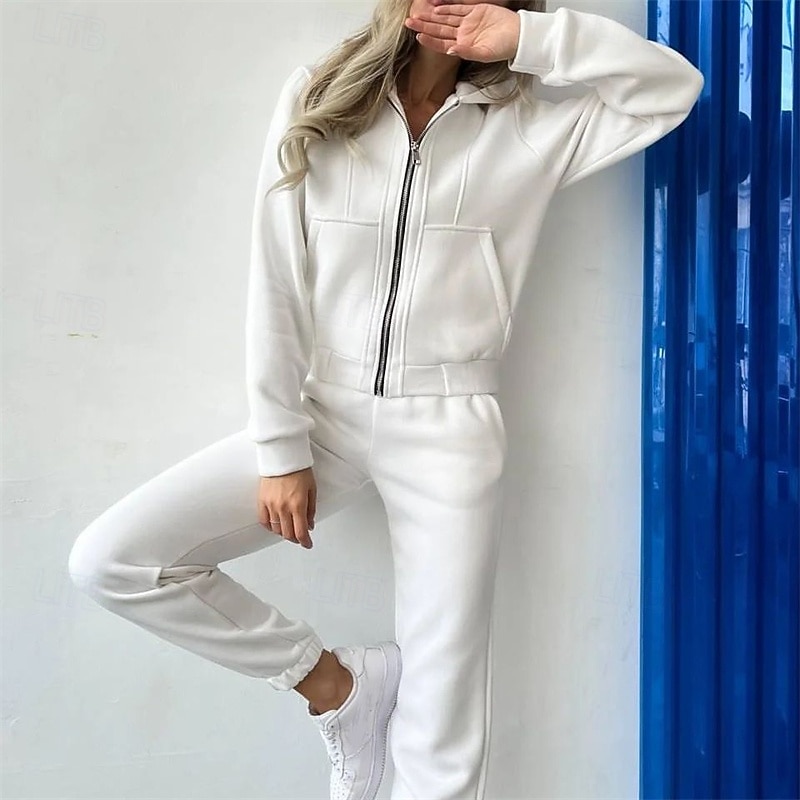 Women's Tracksuit Sweatpants Hooded Jacket Zipper Pocket Solid Colored Clothing Suit Fall Black White Gym Workout Sports Windproof Long Sleeve Sport Activewear Micro-elastic Regular Fit3