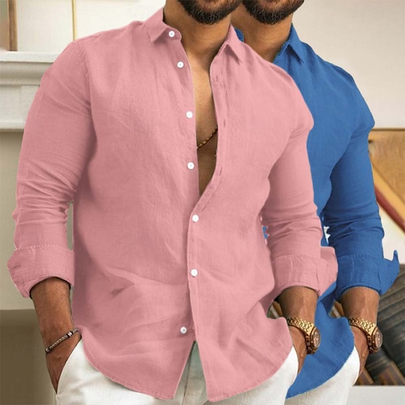 Men's Linen Shirt Summer Shirt Beach Wear Casual Shirt Button Up Shirt Plain Vacation Daily White+Green Green+Khaki Gray+Khaki Pink+Navy Blue Long Sleeve Lapel Summer Spring Clothing Apparel4