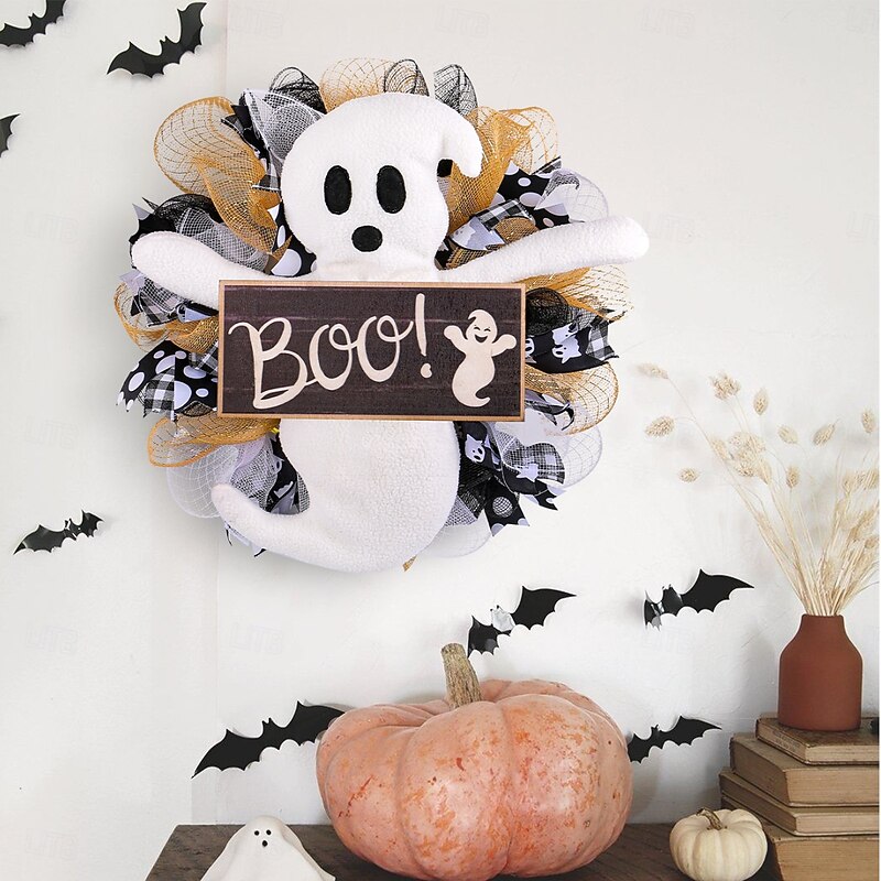 Halloween Wreaths for Front Door Indoor Outdoor Decoration, Ghost BOO Wooden Sign Mesh Wreath with Spooky Doll for Window and Wall Decor2