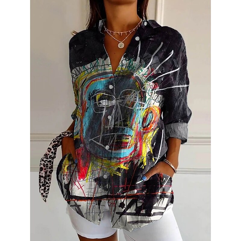 Women's Shirt Floral Animal Active Daily Stylish Long Sleeve Shirt Collar Regular Tops Daily Holiday Buttons Print Black Gray Spring Fall2