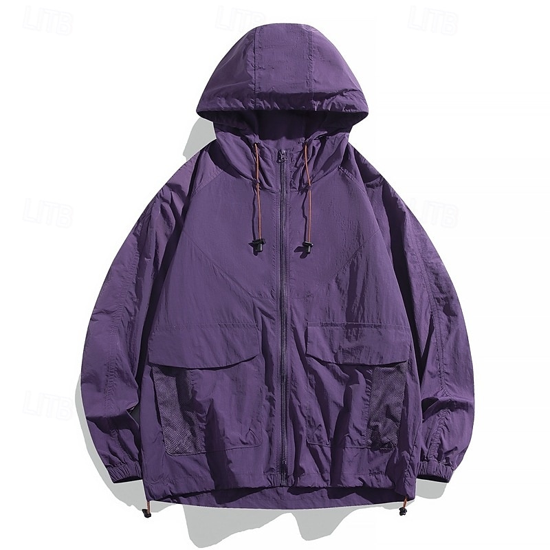 Men's Running Jacket Outdoor Jacket Full Zip Long Sleeve Outerwear Athletic Solid Colored Sun Protection Quick Dry Lightweight UV Cooling Tennis Golf Running Sportswear Activewear Black Yellow Purple