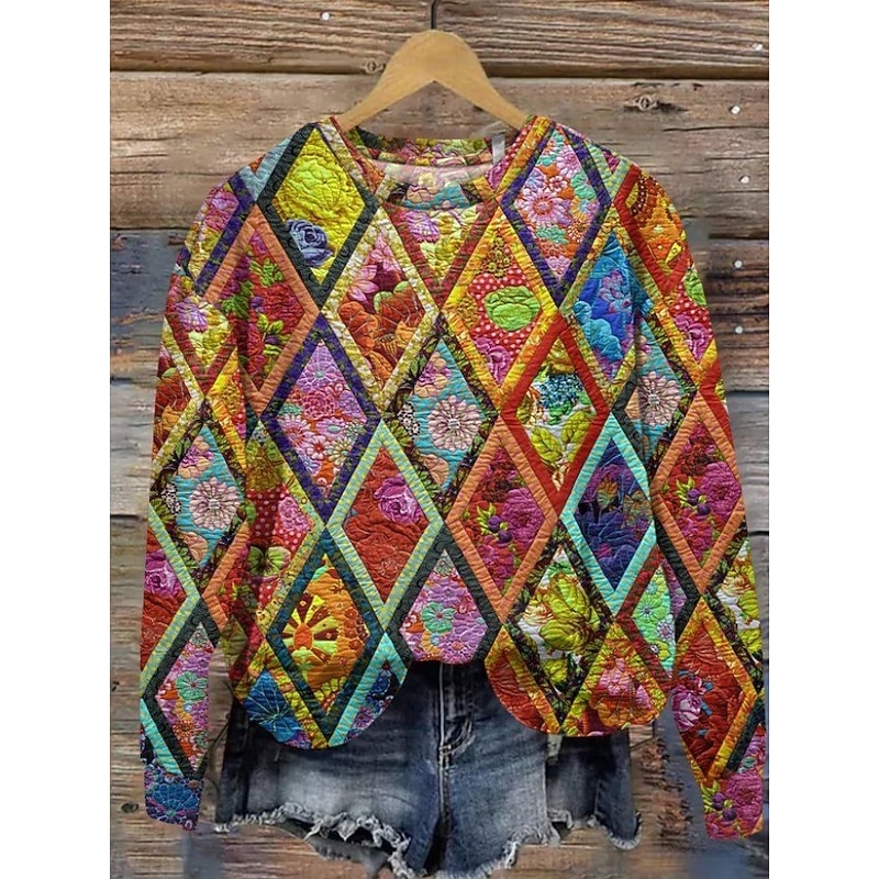 Women's Pullover Sweatshirt Floral Graphic Geometric Casual Long Sleeve Crew Neck Regular Tops Home Street Dailywear Print Yellow Blue Purple Orange Brown Summer Spring Fall Winter3