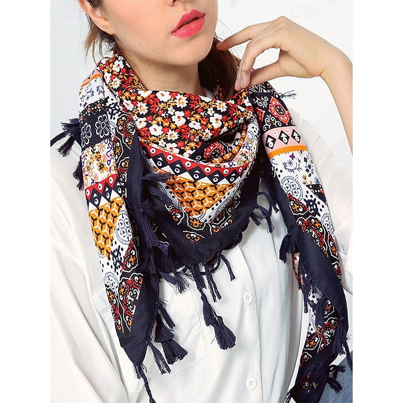 Women's Boho Square Scarf with Tassels – Lightweight Blended Cotton Ethnic Print Shawl for Casual Outfits, Travel and Festivals