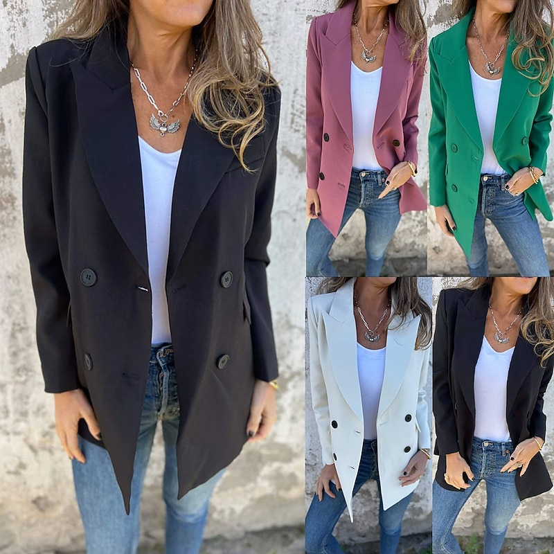 Women's Casual Jacket Breathable Comfortable Pocket Casual Plain Vacation Street Casual Daily Wear Double Breasted Regular Turndown Regular Fit Long Sleeve Outerwear Black White Pink Spring Fall