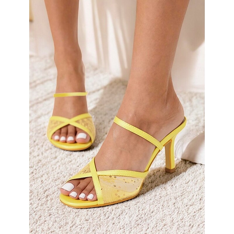 Women's Yellow Mesh Stiletto Heel Sandals with Rhinestone Details – 1950s Elegant Open-Toe Heels for Summer Parties, Weddings, and Evening Events2