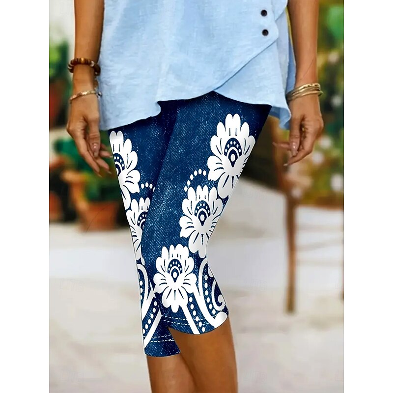 Women's Capri Pants Leggings Vacation Vintage Ethnic Style Calf-Length High Waist Floral Graphic 3D Print Soft Comfortable Breathable Inelastic Vacation Street Causal White-Blue Light Blue Summer2