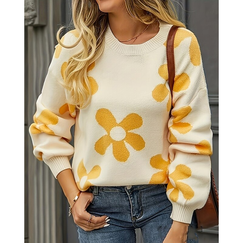 Women's Sweater Casual Soft Floral Ribbed Crew Neck Knitted Print Long Sleeve Regular Tops Knit Outdoor Daily Holiday Pink Fuchsia Fall Winter2