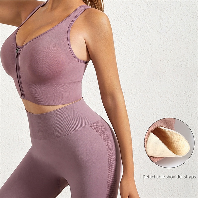 Women's Yoga Bra Pilates Bra Sports Bra Bra Top Push Up Seamless Anti-vibration Zipper Wireless Solid / Plain Color Sport Activewear Deep Purple Black Gym Zumba Running4