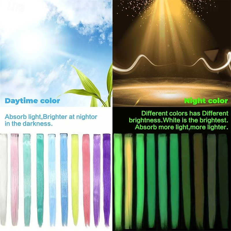 10 Pcs Glow In The Dark Hair Extensions Clip Ins Synthetic Clip In Hair Extensions Glow In The Dark Hair Extensions Glow In The Dark Hair Accessories For Women4