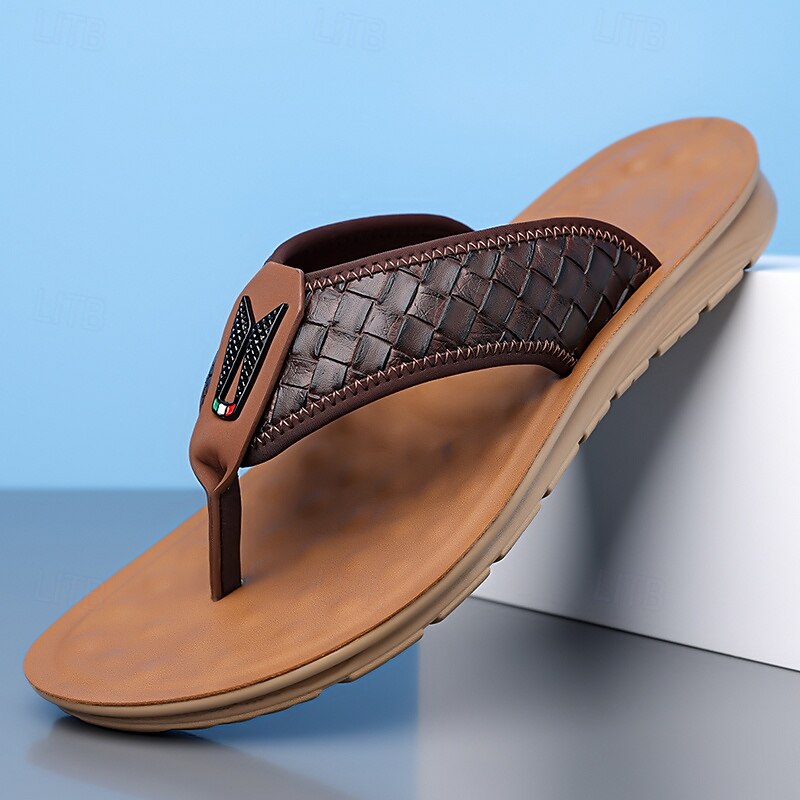 Men's Brown Faux Leather Flip Flops with Woven Pattern Strap Soft EVA Sole Comfortable for Vacation Resort and Everyday Summer Outfits