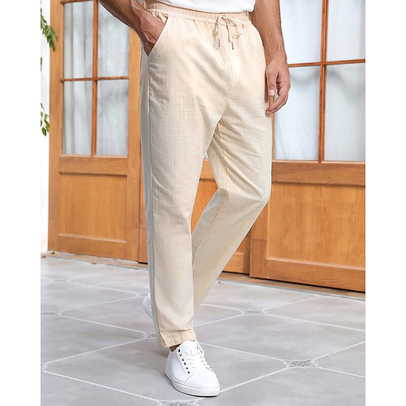 Men's Linen Pants Trousers Summer Pants Beach Pants Pocket Drawstring Elastic Waist Plain Comfort Breathable Vacation Daily Holiday Hawaiian Boho Beige