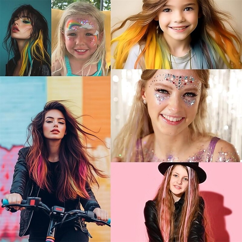 Colored Hair Extensions 22 Inch Straight Clip in Hair Extension Body Face Hair Glitter Multi Color Rainbow Pink Red Hairpiece Extensions for Kids Girls Women4