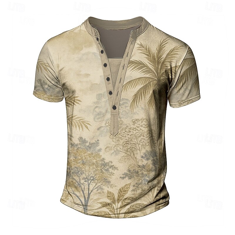Men's Palm Tree T Shirt Henley Shirt Tee Short Sleeve Designer Basic Classic Outdoor Casual Daily Summer Dark Brown Grey Khaki Henley Henley T-Shirt2