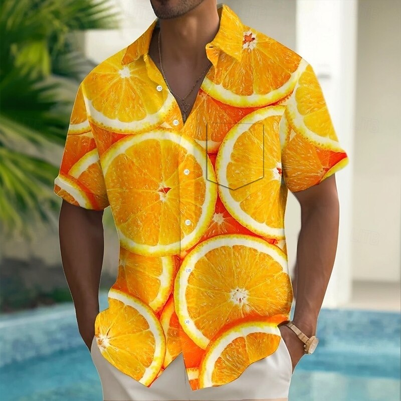 Men's Fruit Orange Summer Hawaiian Shirt Button Up Shirt Aloha Shirt Short Sleeve Hawaiian Holiday Beach Wear Summer Spring Turndown 3D Print Collared Shirts Front One Pocket Yellow Orange