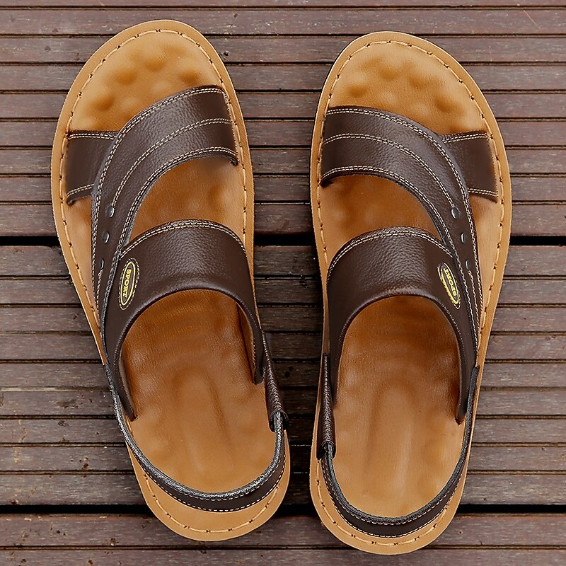 Men's Brown Faux Leather Strapped Sandals Adjustable Hook and Loop Fastening Soft Cushioned Footbed Perfect for Casual Everyday Wear and Walking3