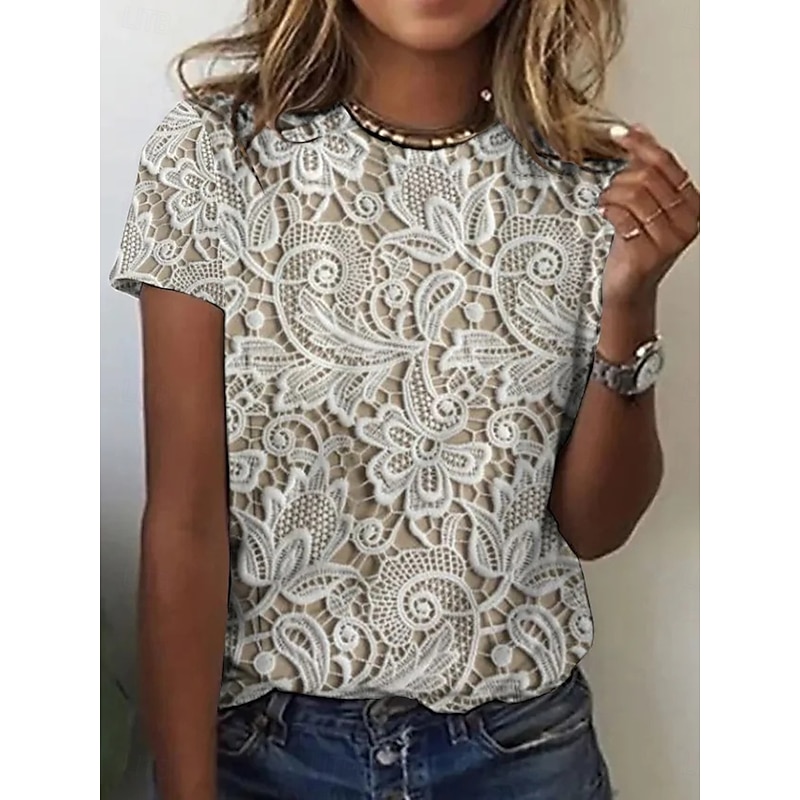 Women's T Shirt Graphic Paisley Plants Elegant Casual Short Sleeve Crew Neck Round Neck Regular Tops Daily Print Black White Khaki Summer