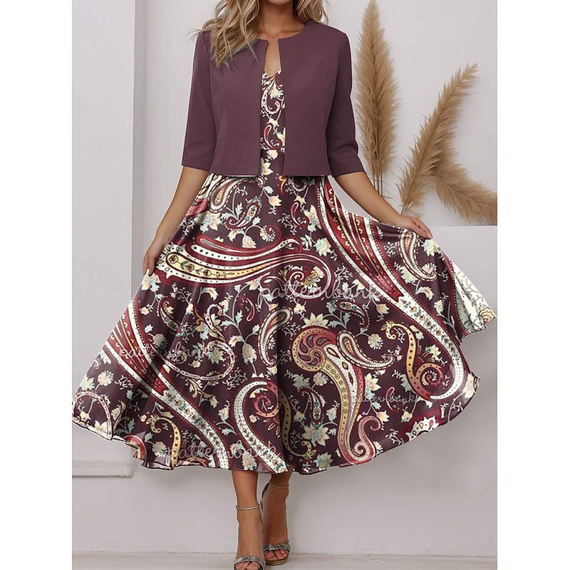 Women's Two Piece Dress Sets Midi Dress with Jacket Elegant A Line Dress Half Sleeve Party Semi Formal Floral Graphic Print V Neck Party Wedding Guest Black Blue Purple Regular Fit