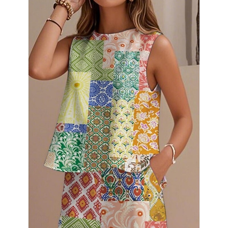 Women's Elegant Fashion Streetwear Two Piece Sets Blouse Vest Pants Trousers Sleeveless Crew Neck Outdoor Work Casual Striped Print Vacation Daily Holiday Green Khaki Summer Regular Fit2