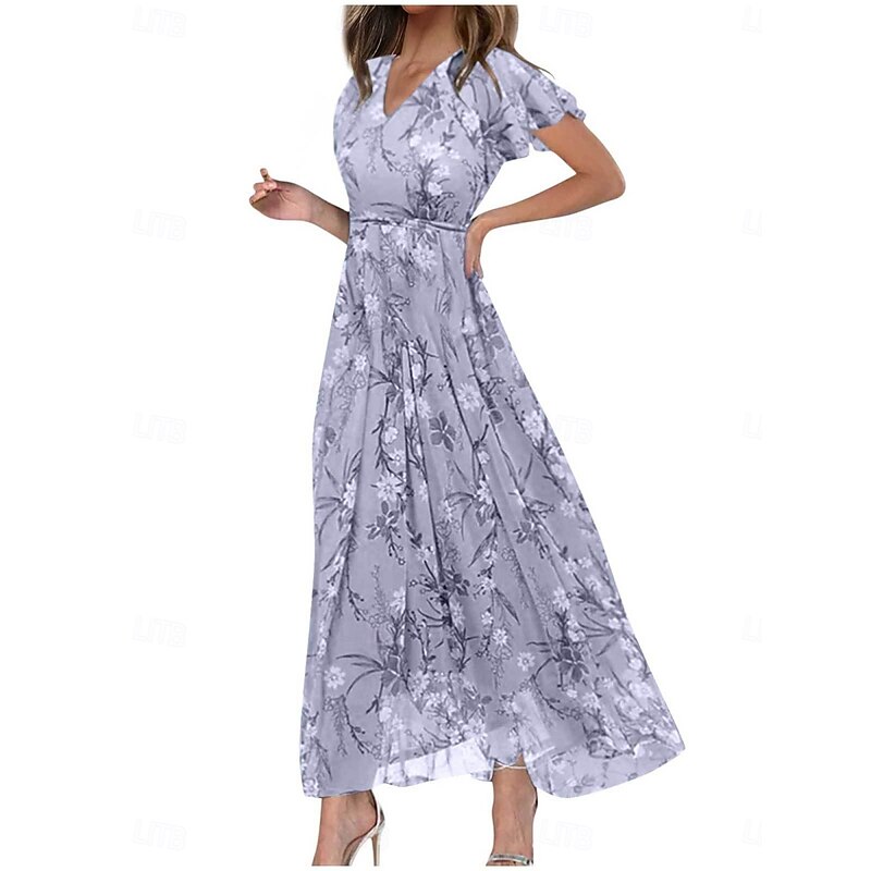 Women's Maxi Dress A Line Dress Vacation Casual Boho Outdoor Going out Regular Fit Floral Short Sleeve V Neck Purple Fuchsia Orange Gray Summer2