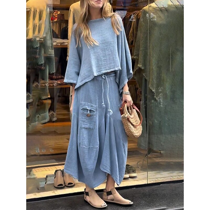 Women's Elegant Fashion Basic Pants Sets Long Sleeve Round Neck Solid Color Outdoor Work Casual Black White Yellow Summer Regular Fit2