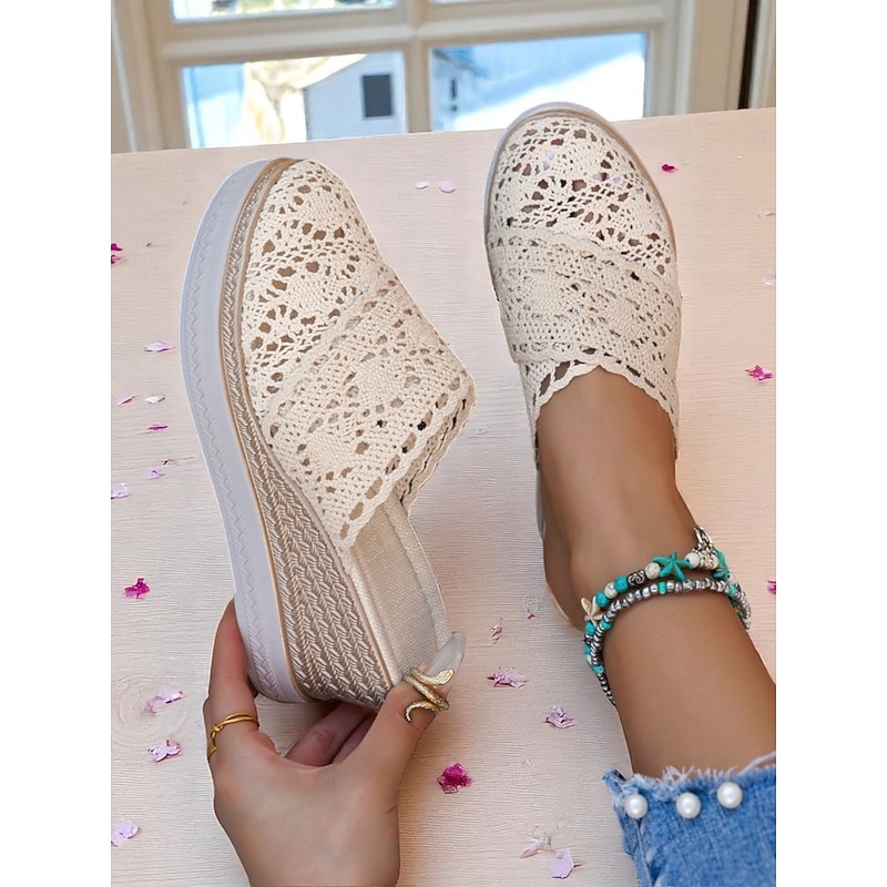 Women's Crochet Wedge Mules with Platform Soles – Boho Slip-On Sandals for Summer Walks, Casual Outings, and Garden Parties
