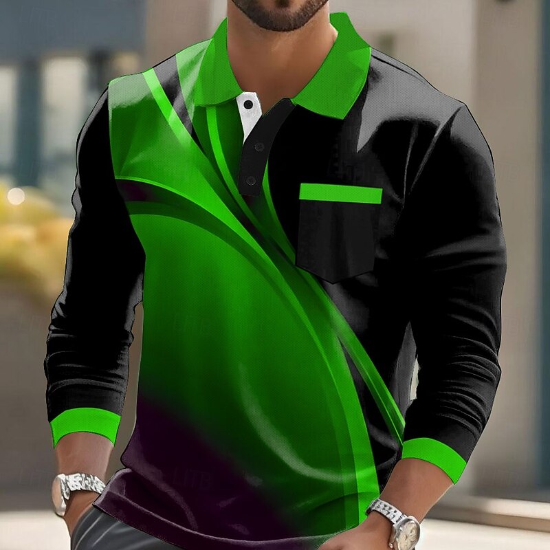 Men's Geometric Polo Long Sleeve Polo Shirts Collared Shirts Business Casual Business Athleisure Daily Wear Pocket 3D Print Buttons Spring Fall Winter Red Blue Brown2