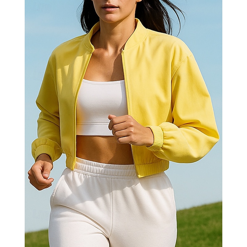 Women's Running Jacket Outdoor Jacket Full Zip Long Sleeve Outerwear Athletic Solid Colored Sun Protection Lightweight UV Cooling Tennis Golf Running Sportswear Activewear White Yellow3