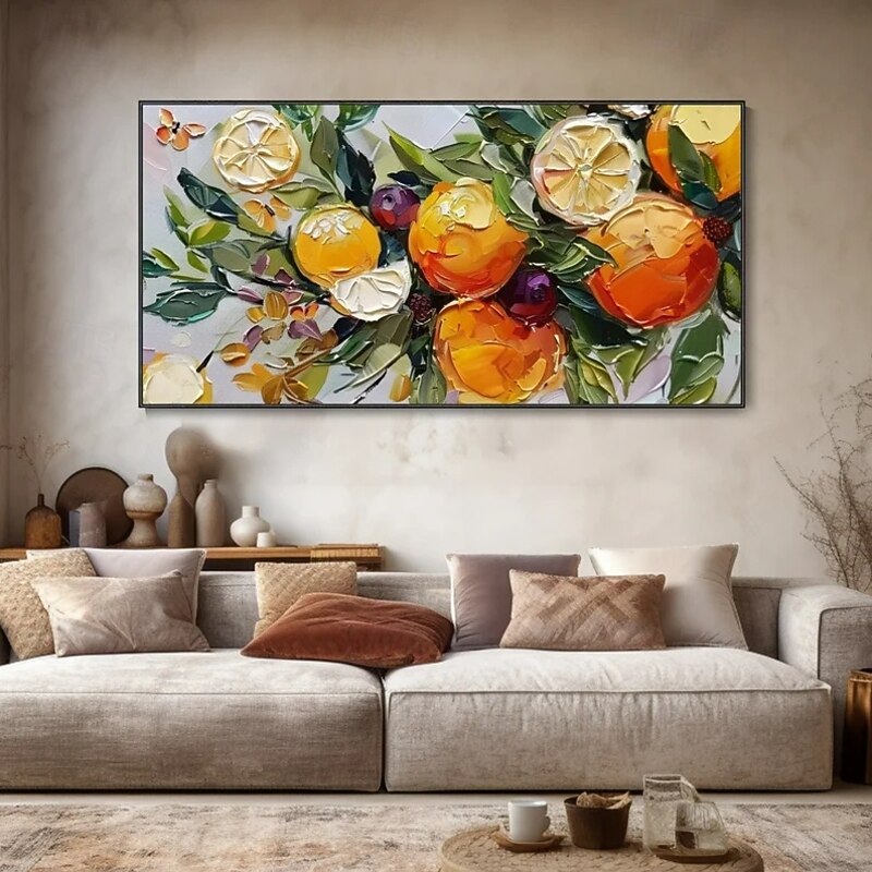 Vibrant Abstract Still Life Oil Painting Orange Tree with Lush Green Leaves and Fruits, Thick-Textured Hand Art for Modern Dining Room Decor2