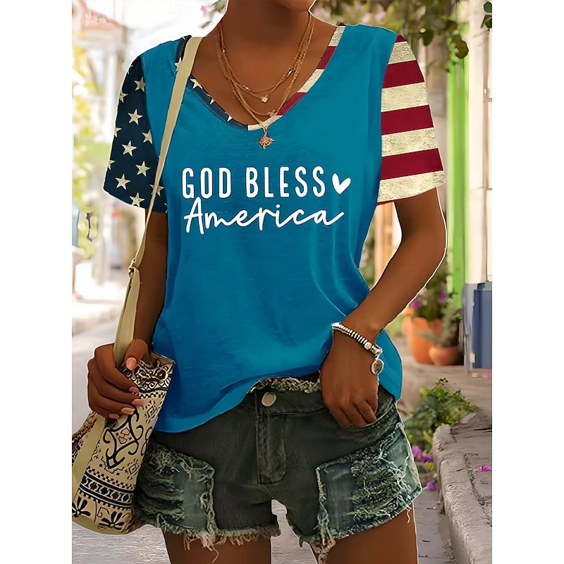 Women's Patriotic  T Shirt Graphic American Flag Vintage Stylish Classic Short Sleeve V Neck Regular Tops Daily Weekend Print Black Blue Green Gray Summer Spring3