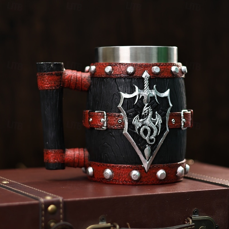 Medieval Barrel Beer Mug,Oktoberfest Gift Mug  Vintage Large Wooden  European Monster Dragon Tankard with 3D Evil Dragon Statue, Handmade Stein Coffee Mug - Main Image