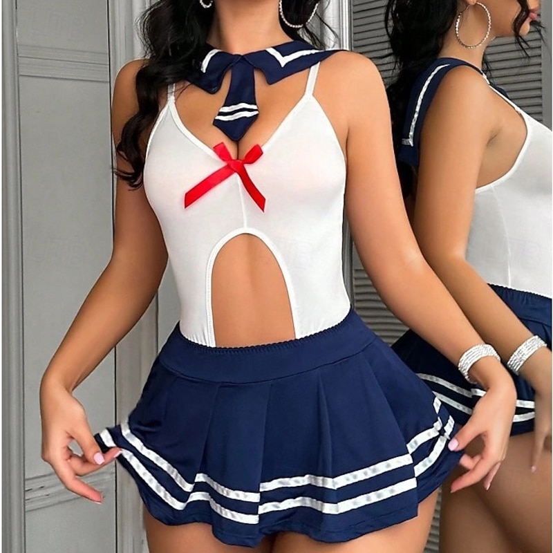 Women's Babydoll & Slips Uniforms & Cheongsams Sexy Bodies Sexy Lingerie Set HoleNightwearPolyester SPA Uniforms Valentine Solid Colored Cosplay Lolita Sweet Navy Blue Spring & Summer Fall & Winter