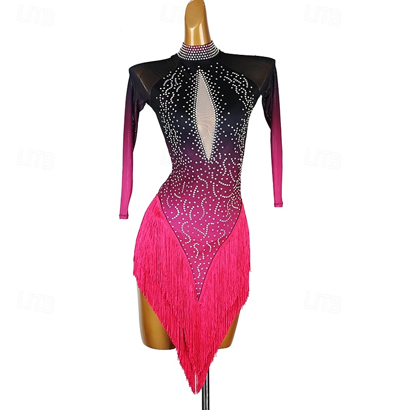 Latin Salsa Dance Dress Tassel Rhinestones Women's Performance Party Long Sleeve Rumba Chacha Dancewear Costumes
