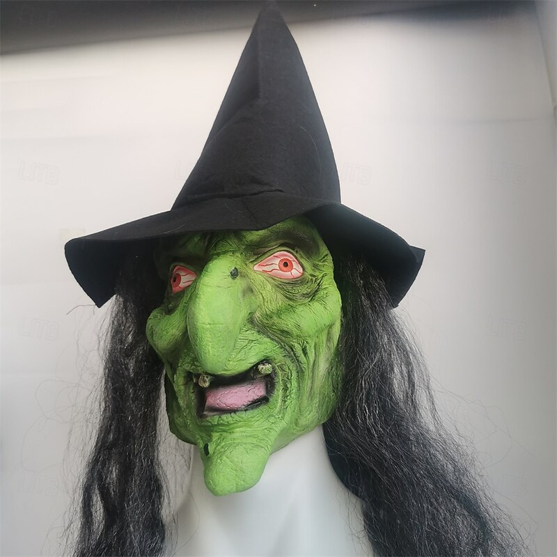 Halloween Witch Mask For Adults Realistic Scary Costumes Latex Face Mask, Black Hat Green Face Creepy Halloween Witch Headgear for Party and Cosplay3