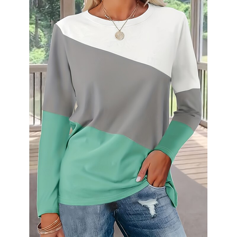 Women's T shirt Long Sleeve Crew Neck Long Sleeve Tunic Graphic Geometric Color Block Vintage Stylish Classic Round Neck Regular Tops Daily Print Green Fall Prefall3