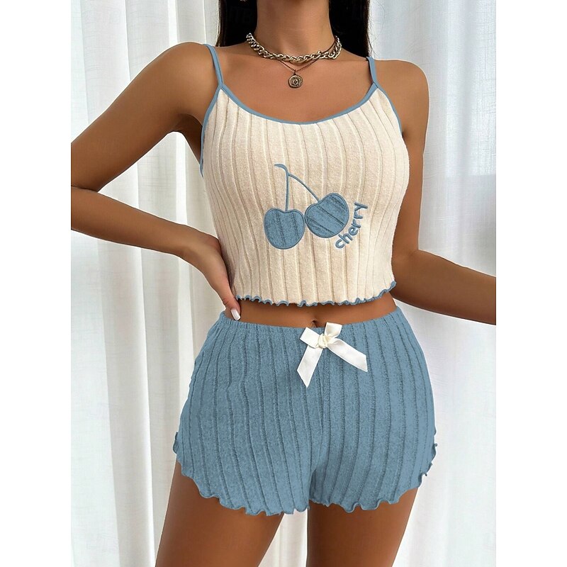 Women's Pajama Set Casual Comfort Cherry Elastic Waist Strap Top Shorts Home Daily Sleeveless Straps Yellow Pink Blue Purple Summer Regular Fit3