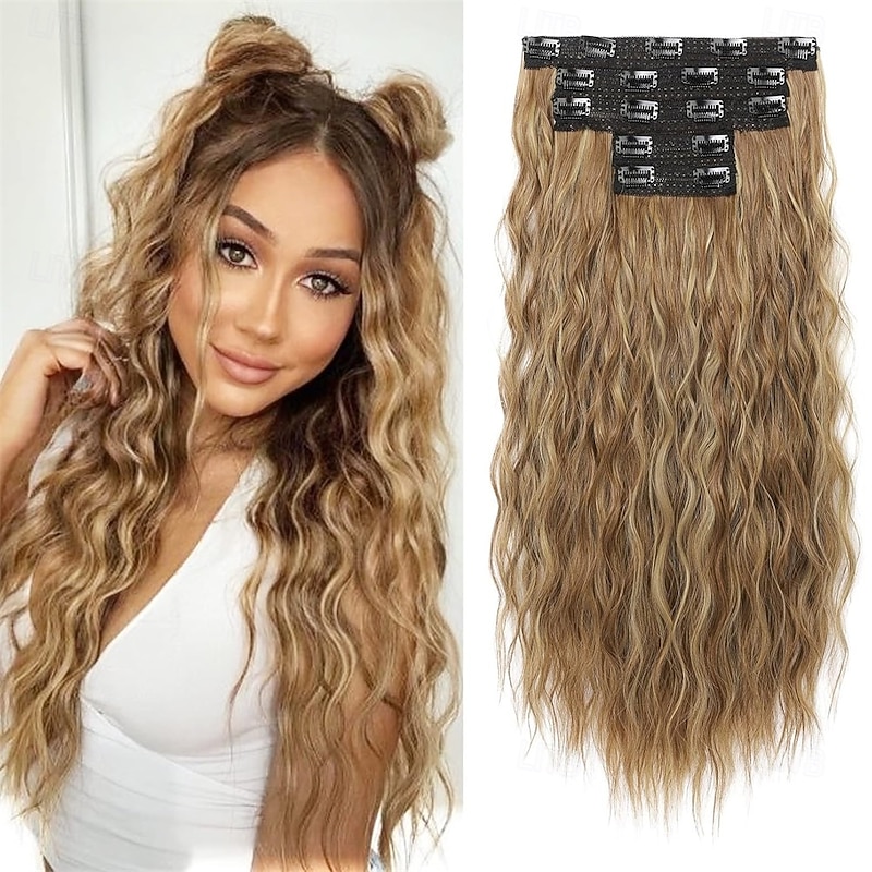 Clip in Hair Extensions 5PCS Brown Hair Extensions 24 Thick Long Loose Waves hair extensions HE002 Invisible Lace Weft Natural Soft Hairpieces for Women  Light Brown with Blonde Highlights
