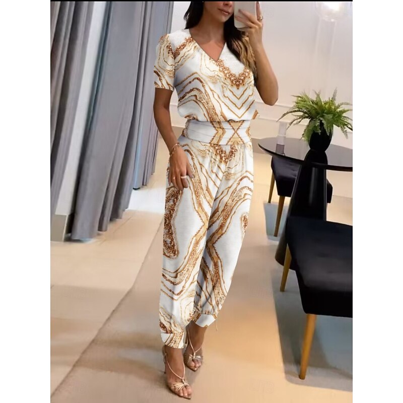 Women's Fashion Streetwear Daily Pants Sets Short Sleeve V Neck Graphic Print Casual Daily Navy Blue Blue Gold Summer Regular Fit3