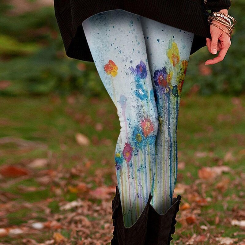 Women's Slacks Leggings Cozy Leggings Streetwear Casual Full Length Natural Flower Elastic Waist Print Comfy Outdoor Comfortable Outdoor Vacation Streetwear Sapphire Light Sky Blue Grey Black Fall