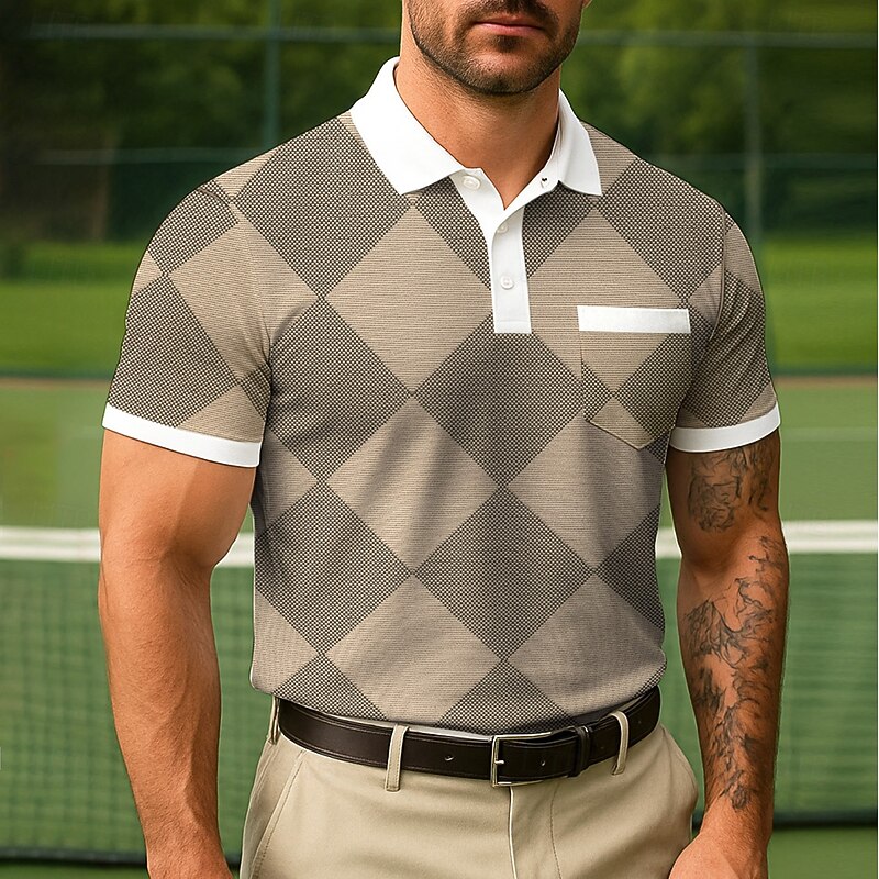 Men's Color Block Polo Short Sleeve Turndown Business Casual Daily Sports & Outdoor Athleisure Casual Daily Pocket Buttons Summer Robin's Egg Blue Grey Brown4